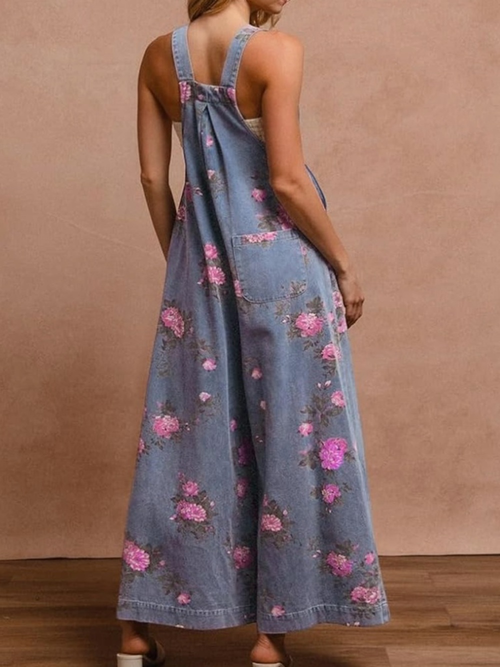 Chic Nation Blue Denim Wide-Leg Overalls with Pink Floral